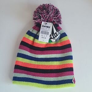 VOLCOM Zumiez COLOURFUL Black Striped POMPOM TOUQE Deluxe Beanie One Size
